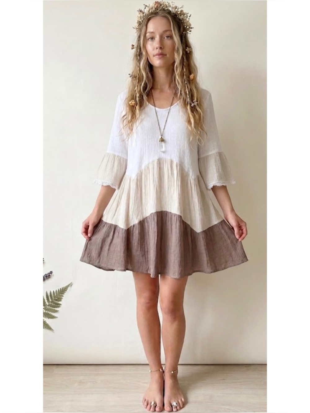 Calstyle Boho Tiered Colorblock Tunic Top Crochet Trim Bell Sleeves
